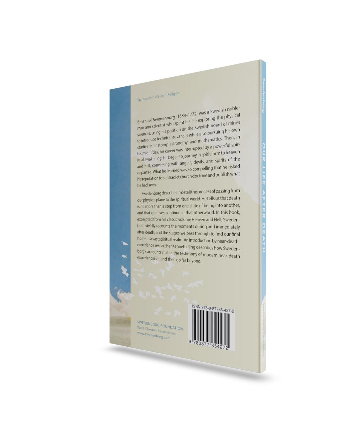 Our Life After Death Mockup Back angled view - Swedenborg Foundation Paperback book upright back cover with author description and summary