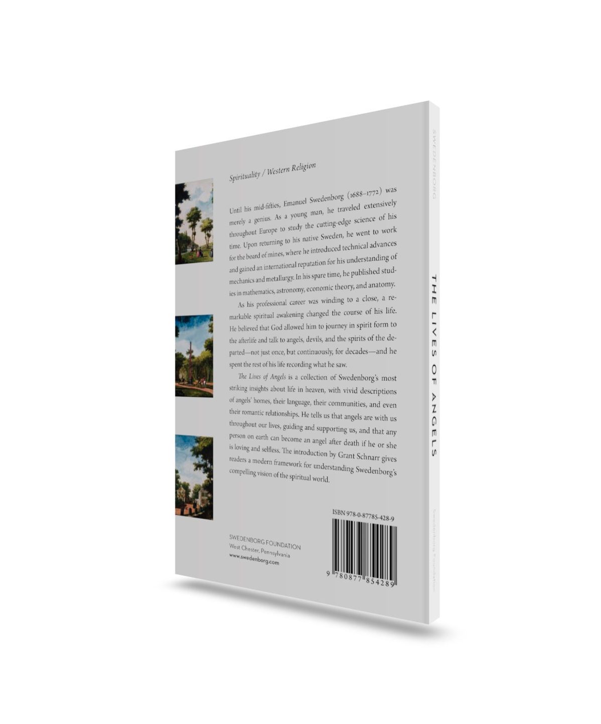 The Lives of Angels Mockup back angled view - Swedenborg Foundation Paperback book upright back cover with summary and spillover from front cover images