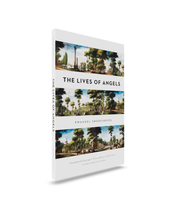 The Lives of Angels Mockup front angled view - Swedenborg Foundation Paperback book upright front over with three horizontal images of garden-like societies