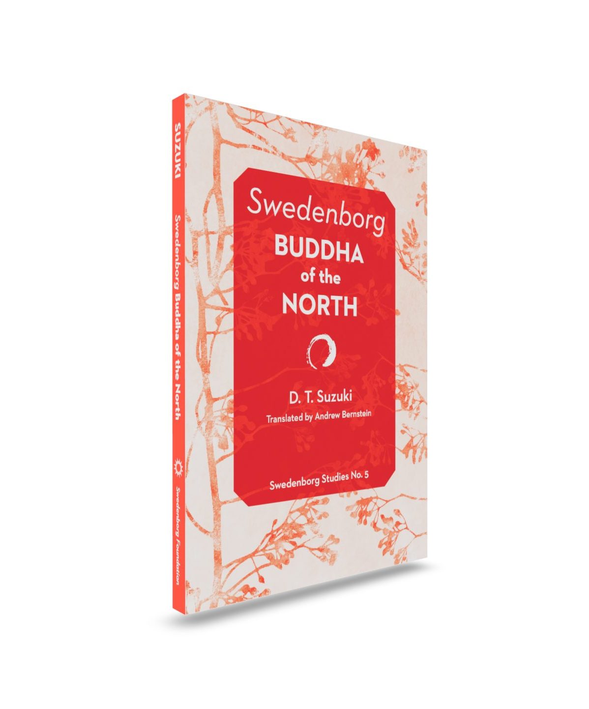 Swedenborg Buddha of the North Mockup Front angled view - Swedenborg Foundation Paperback book upright front cover with red plant print background