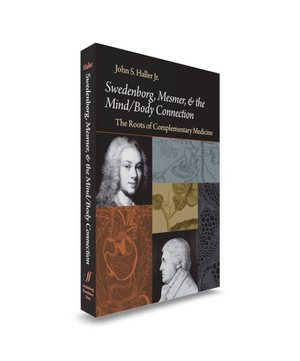Hardback book upright front cover with portraits of Swedeborg and Mesmer and drawings of plants and a human heart