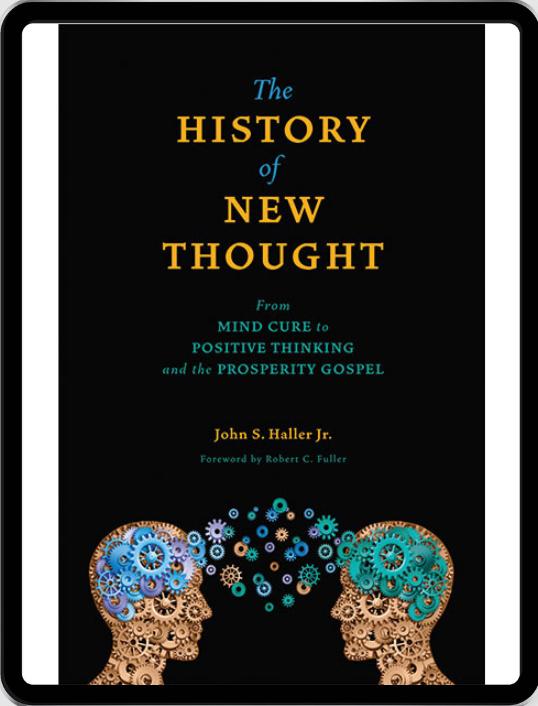 The History of New Thought - eBook mockup - Swedenborg Foundation Black book on an eBook reader; orange text with drawing of two human heads containing gears towards the bottom
