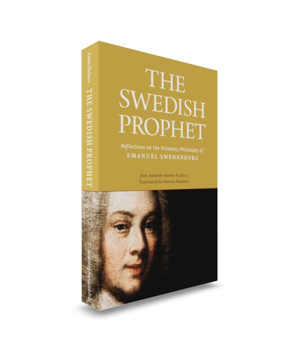 The Swedish Prophet Mockup front angled view - Swedenborg Foundation Paperback book upright front cover with cropped oil portrait of Emmanuel Swedenborg