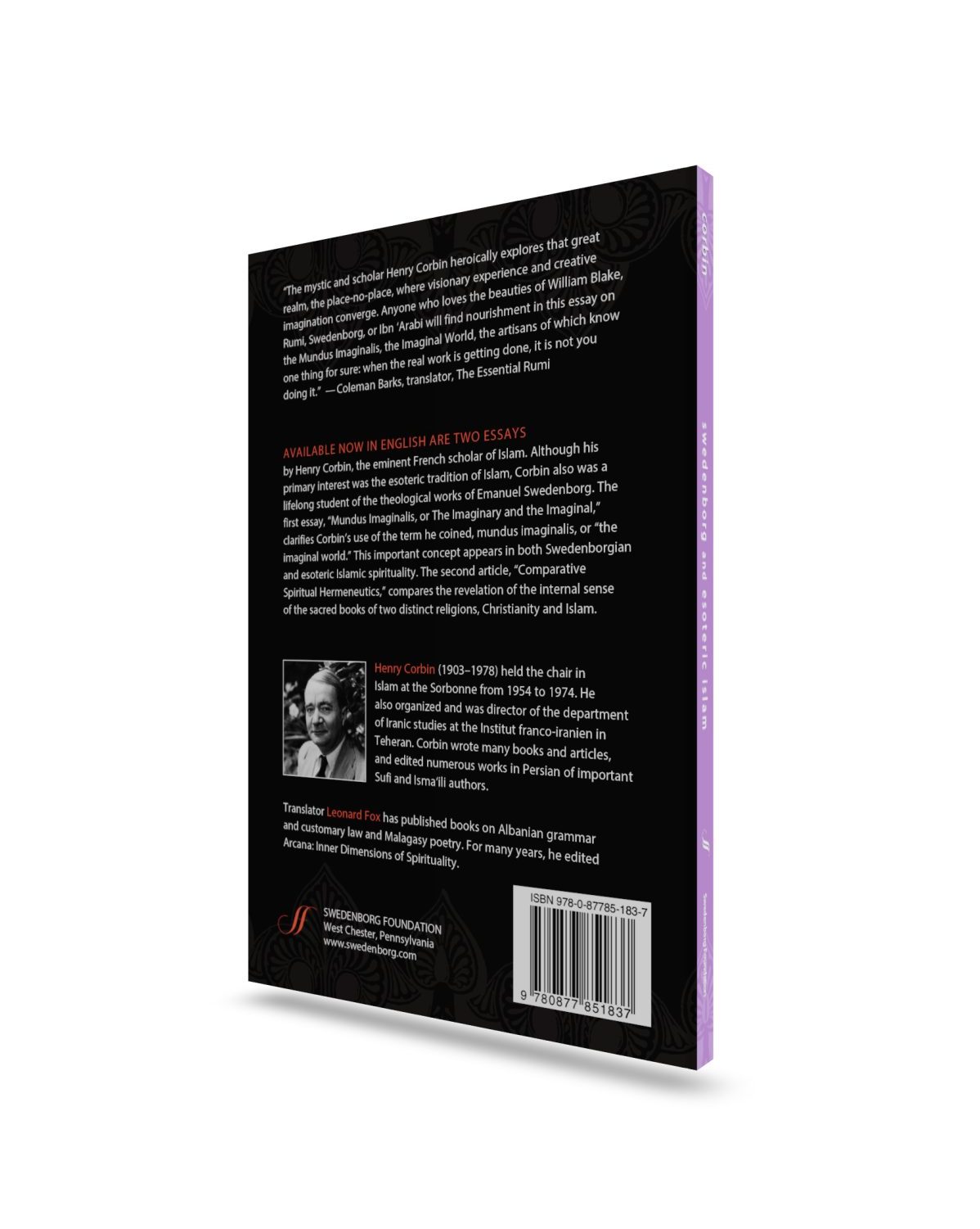 mockupea_export - Swedenborg and Esoteric Islam - Back cover (1) - Swedenborg Foundation Back cover of book white text on black background and photo of author