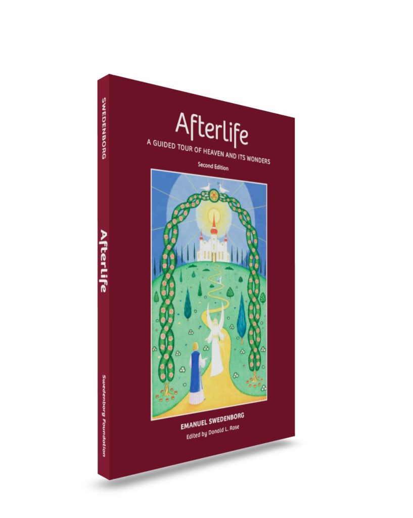Afterlife - three-quarter view - front cover - Swedenborg Foundation Dark red book front cover with an illustration taking up most of the middle