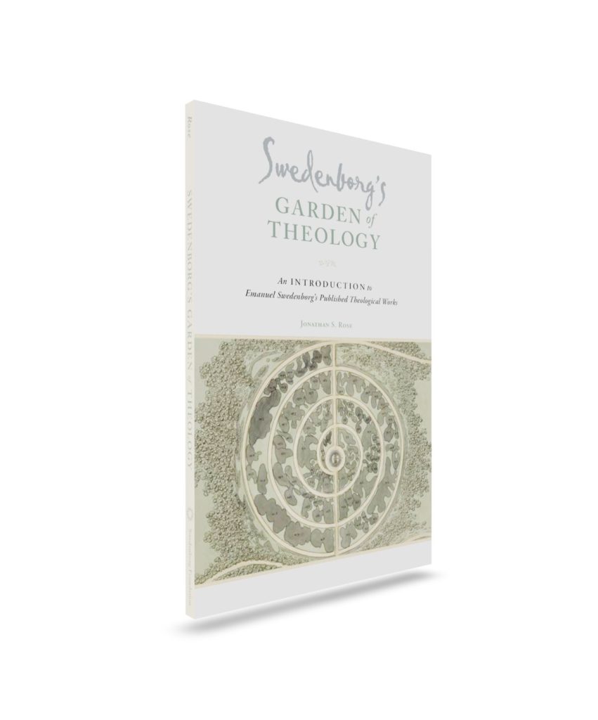 Swedenborg's Garden of Theology Mockup Front angled view - Swedenborg Foundation Paperback book upright front cover with spiral garden path