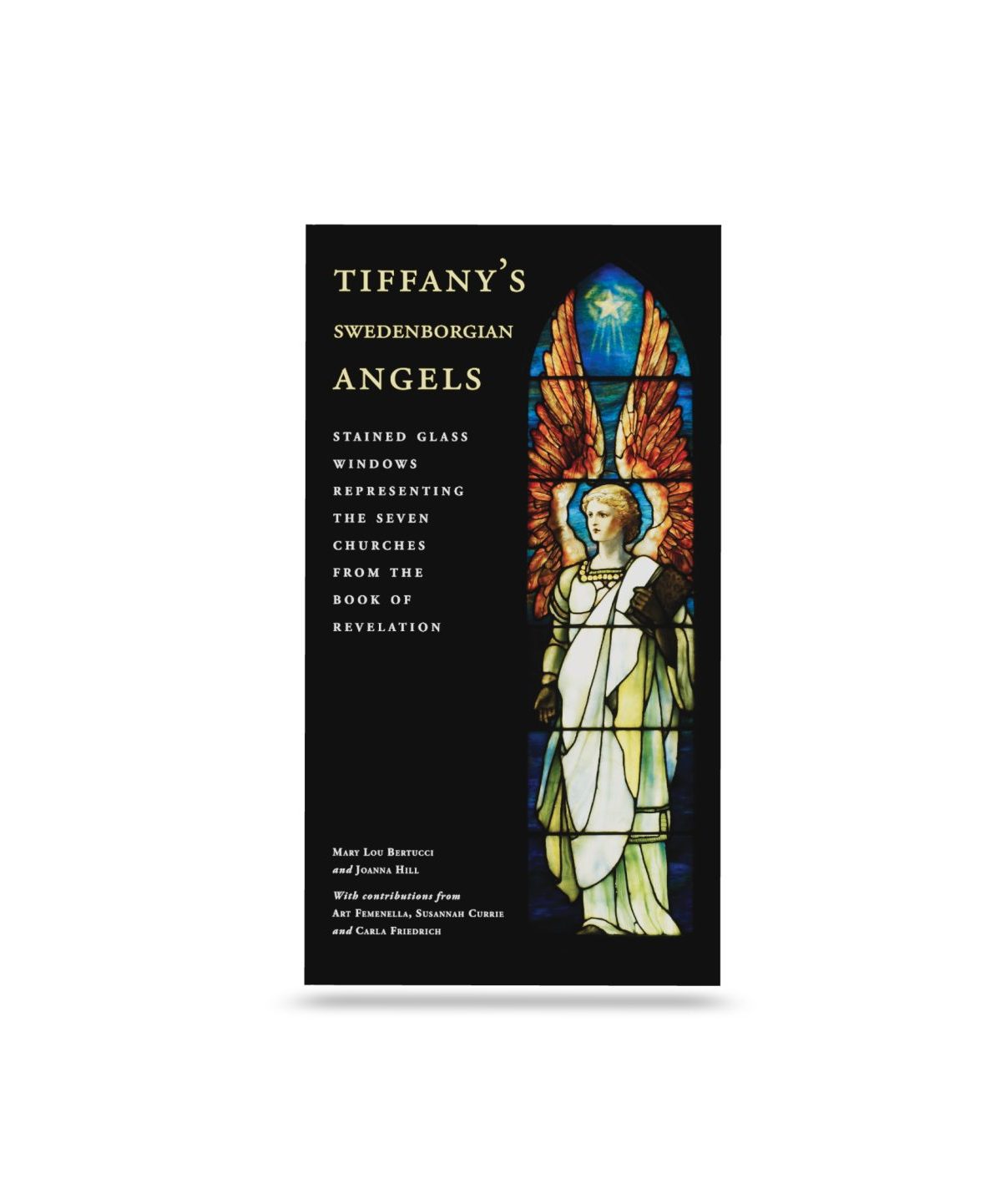 Tiffany's Swedenborgian Angels Mockup flat front view - Swedenborg Foundation Paperback book front cover with stained glass window of angel