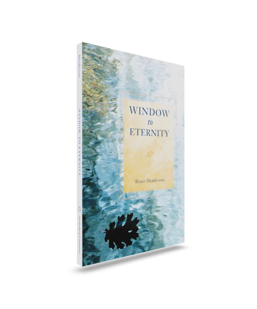 Window to Eternity Mockup front angled view - Swedenborg Foundation Paperback book upright front cover with oak leaf floating on rippling water