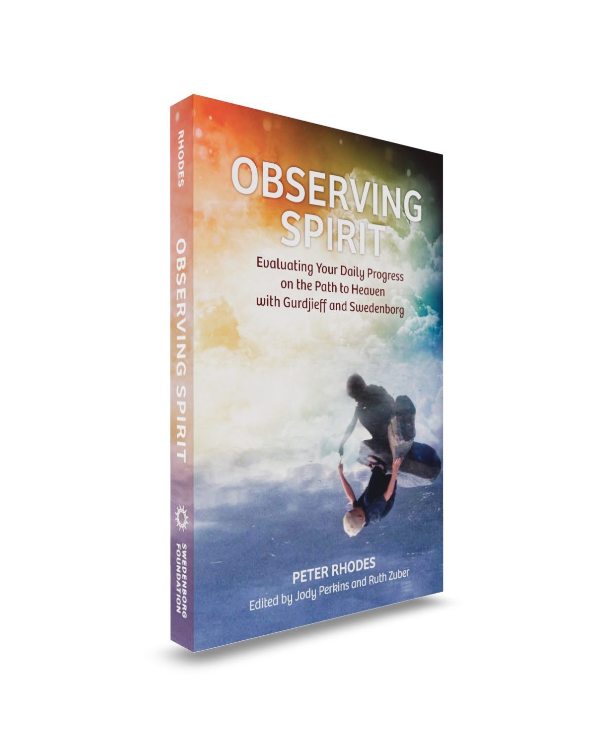 Observing Spirit Mockup Front View - Swedenborg Foundation Paperback book upright front cover showing young child on a rock looking at his reflection silhouetted over colorful clouds