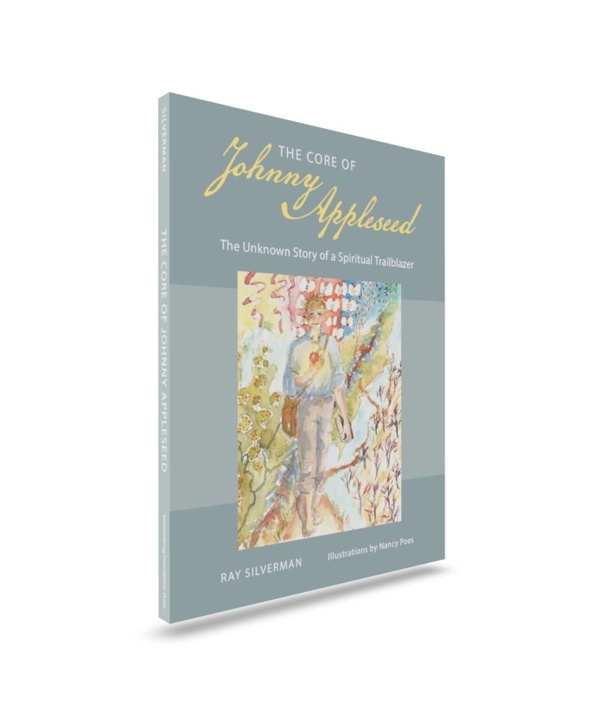 Paperback book upright front cover with watercolor of barefoot man with apple, book, and satchel