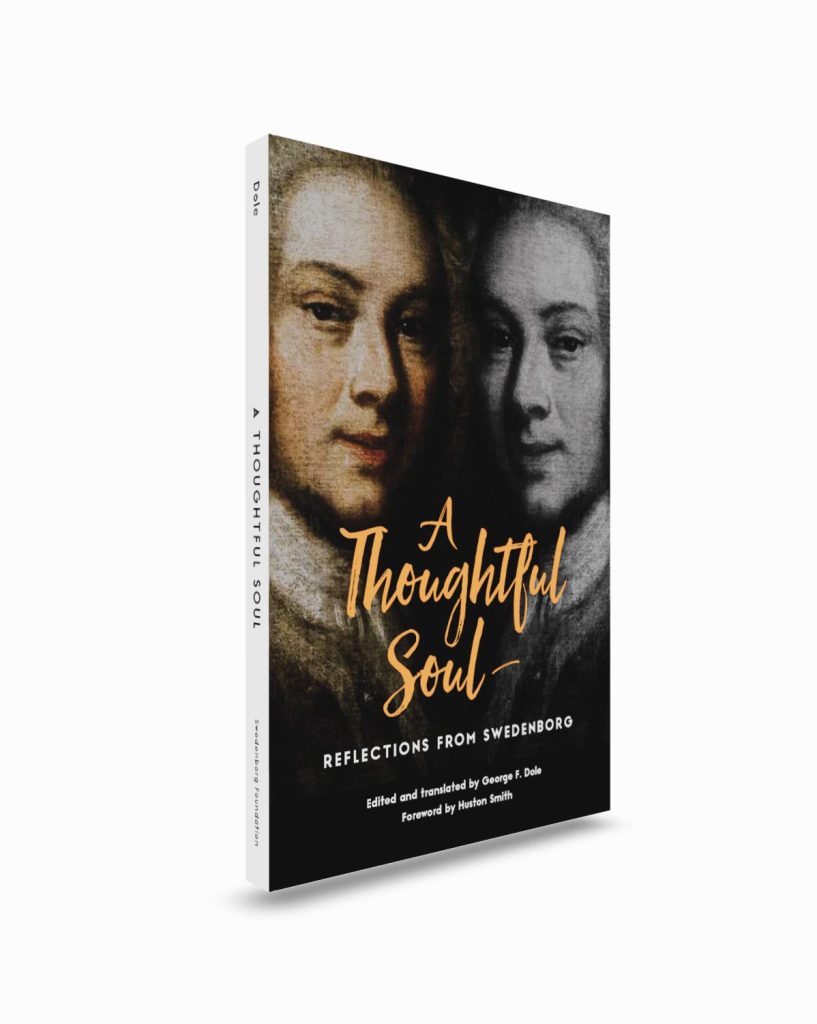 Paperback book upright, orange title over reflected portrait of Emanual Swedenborg