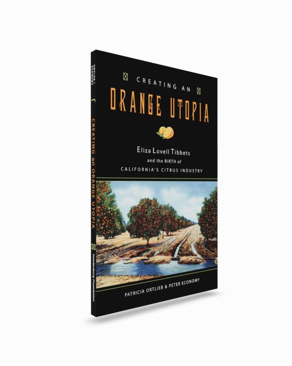 Paperback book upright, title on black background above image of irrigated citrus orchard