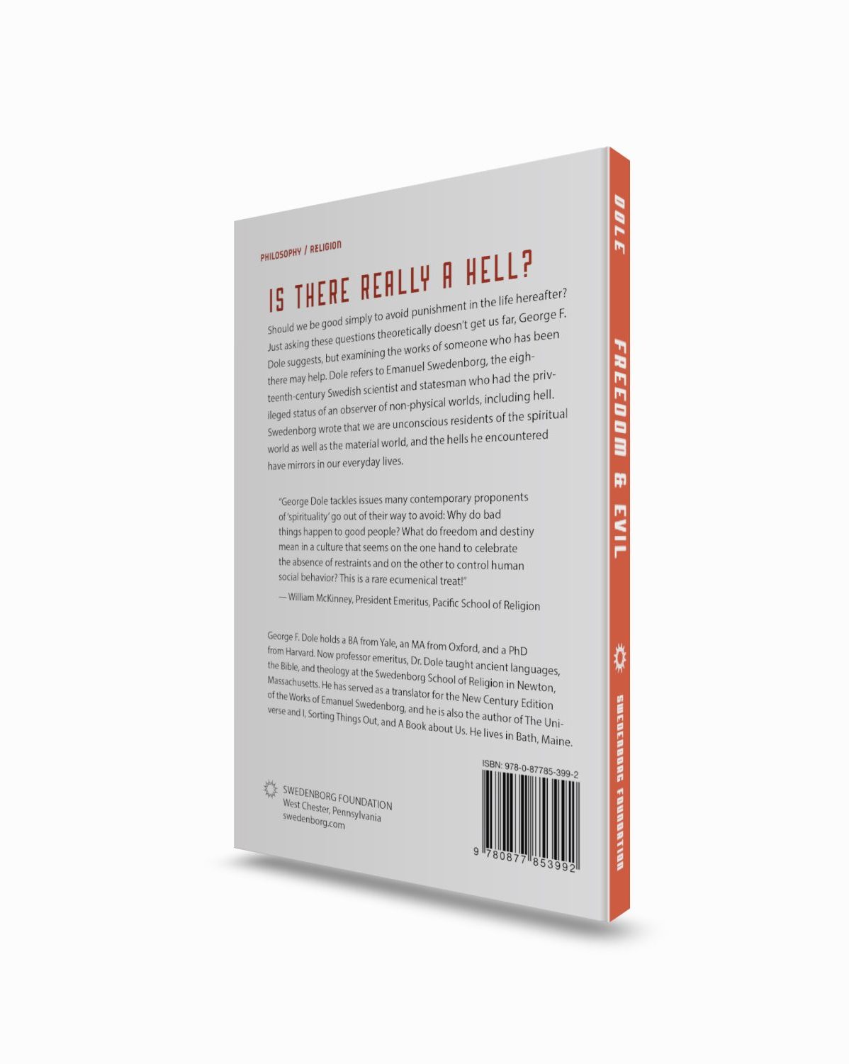 Freedom and Evil Mockup Back View - Swedenborg Foundation Paperback book upright back cover, summary titled Is there really a hell? followed by review excerpt from William McKinney and author biogrphy