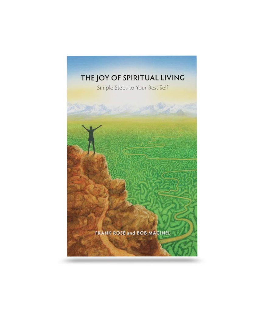 The Joy of Spiritual Living Mockup flat front view - Swedenborg Foundation Paperback book front cover with person with arms uplifted on mountaintop before expansive view