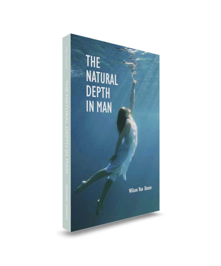 The Natural Depth in Man Mockup front angled view - Swedenborg Foundation Paperback book upright front cover with woman underwater reaching up to gently touch the surface