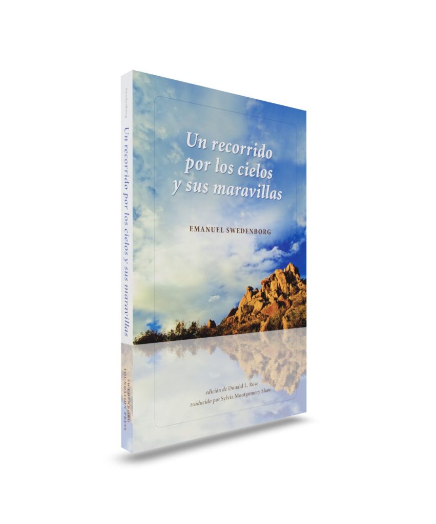Un recorrido Mockup front angled view - Swedenborg Foundation Paperback book upright front cover with mountains and sky reflected in perfectly still water