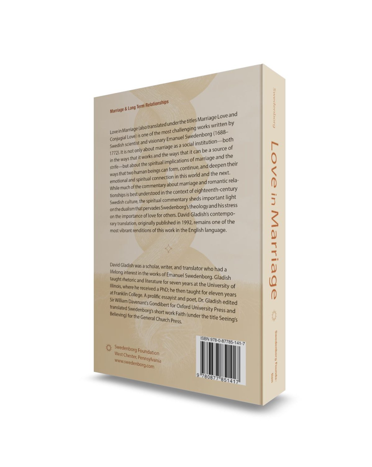 Love in Marriage Mockup Back View - Swedenborg Foundation Paperback book upright back view, summary and translator biography