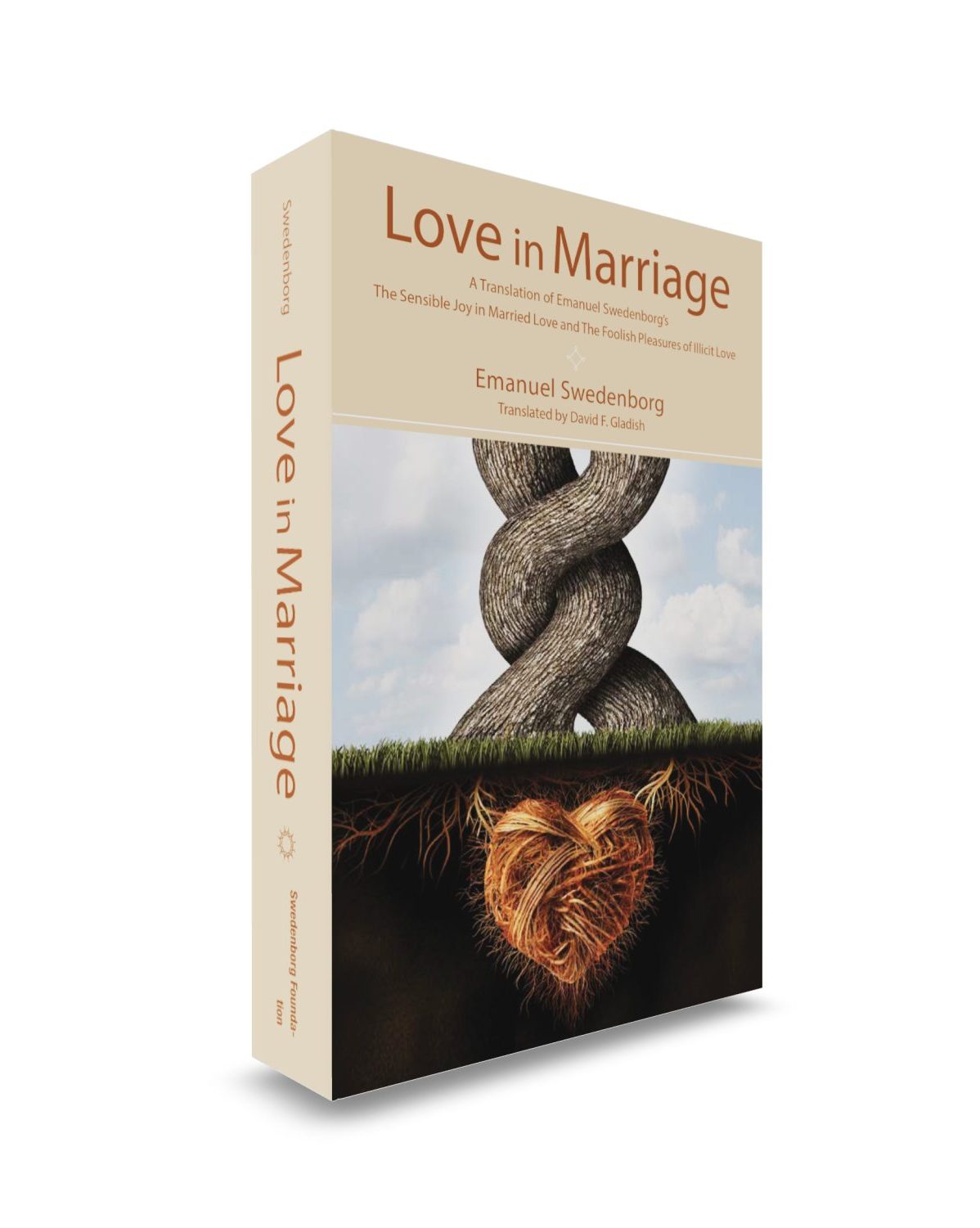 Love in Marriage Mockup Front View - Swedenborg Foundation Paperback book upright front cover two intertwined tree trunks with roots forming a single heart