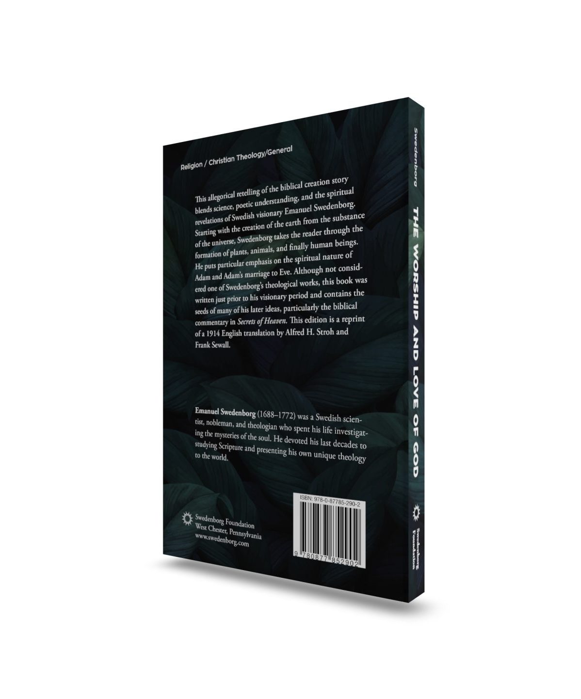 The Worship and Love of God Mockup back angled view - Swedenborg Foundation Paperback book upright back cover with summary and author biography
