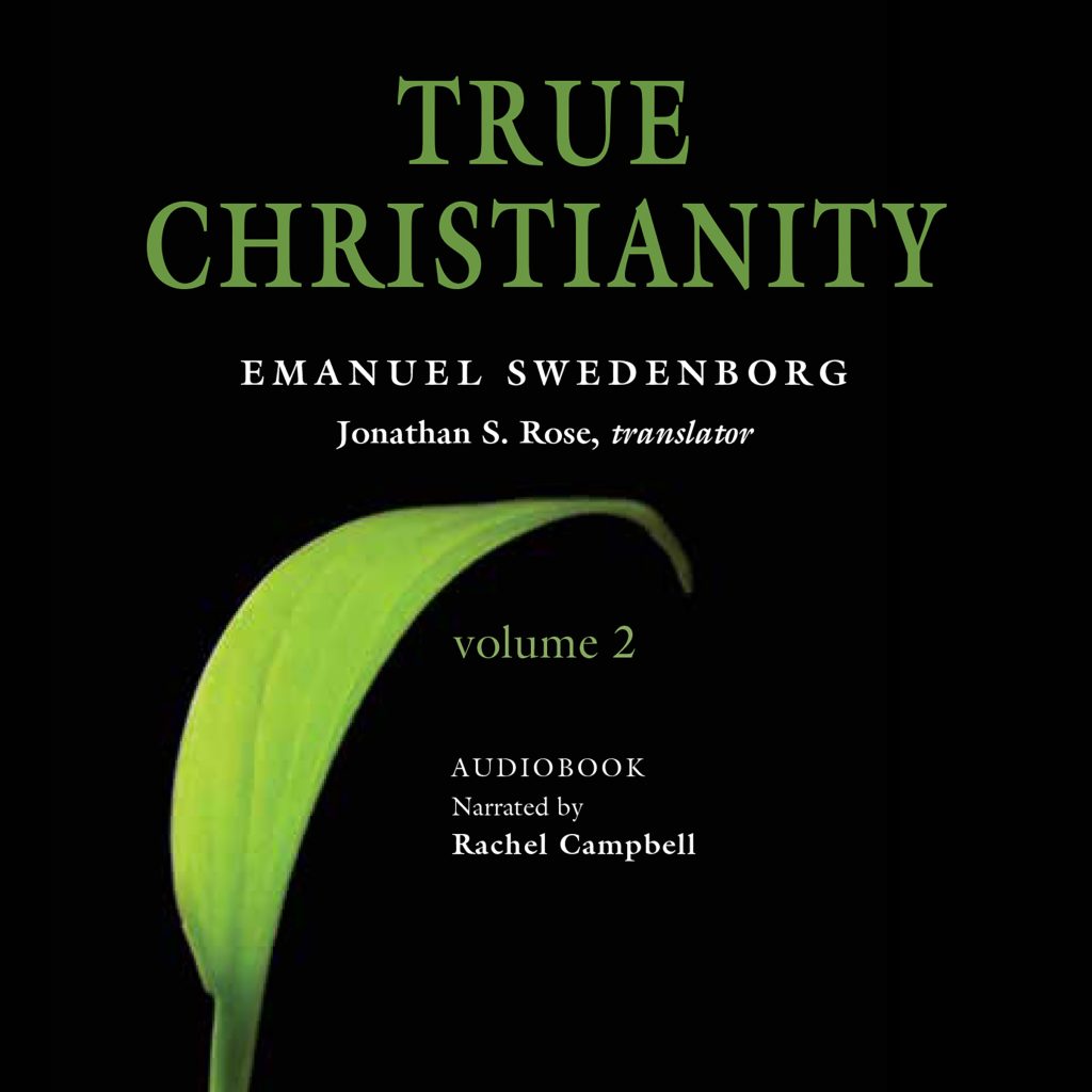 True Christianity vol 2 Audiobook cover image - Swedenborg Foundation Black audiobook cover with greet and white text and a large green leaf