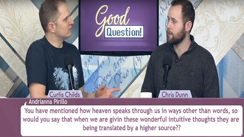 Community and Events Cover - Swedenborg Foundation Curtis and Chris sit at the anchor desk, discussing the question about how heaven speaks through us.