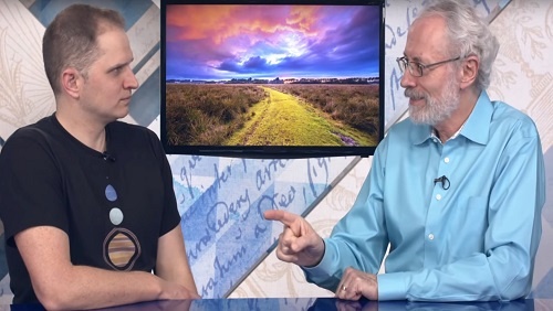 20.08 - Swedenborg Foundation Curtis and Jonathan sit at the anchor desk, an image of a path through a field on a screen between them.