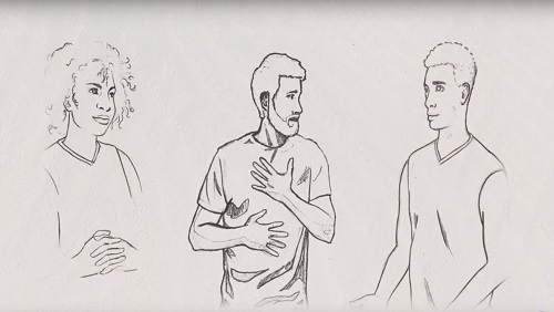 Line drawing of three people