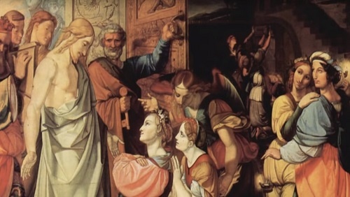 An image from a painting illustrating the parable of the ten young women. Jesus stands on the left of the image, while ten young women stand or kneel to the right.