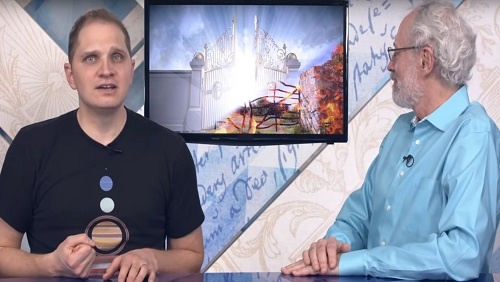 27.19 - Swedenborg Foundation Curtis and Jonathan sit at the anchor desk, an image of a gate to heaven, shining with white light, or a gate to hell, full of fire, is on a screen between them.