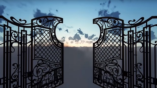 46.41 - Swedenborg Foundation An intricate metal gate, opening away from us into a blue and white sky.