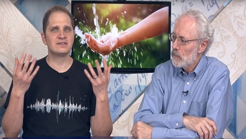12.41 - Swedenborg Foundation Curtis and Jonathan sit at the anchor desk, an image of a stream of water splashing on a hand behind them.