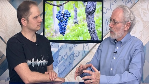 18.44 - Swedenborg Foundation Curtis and Jonathan sit at the anchor desk, an image of blue-purple grapes on the vine behind them.