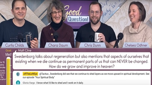 The panel, Curtis, Chara, Chris, and Chelsea sit at the anchor desk. Below, a screen shows the question, "How do we grow and improve in heaven?"