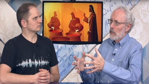 43.03 - Swedenborg Foundation Curtis and Jonathan sit at the anchor desk, an illustration of Jesus turning water into wine behind them.