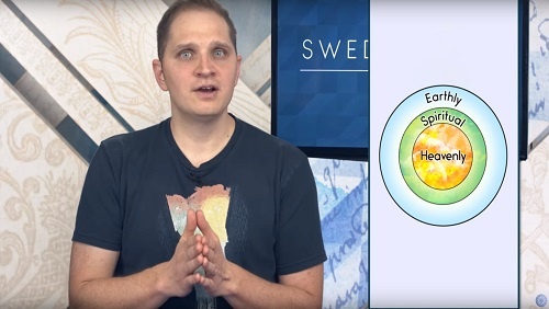 6.55 - Swedenborg Foundation Curtis at the anchor desk, to his left an illustration of three concentric circles moving from Earthly on the outside, spiritual in the middle, and Heavenly in the center.