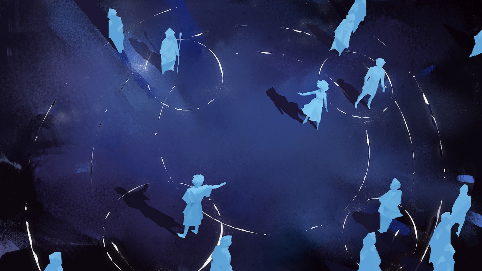 Influence_contrast - Swedenborg Foundation An illustration of an over-head view of blue figures traveling in connecting white circles on a dark blue floor.