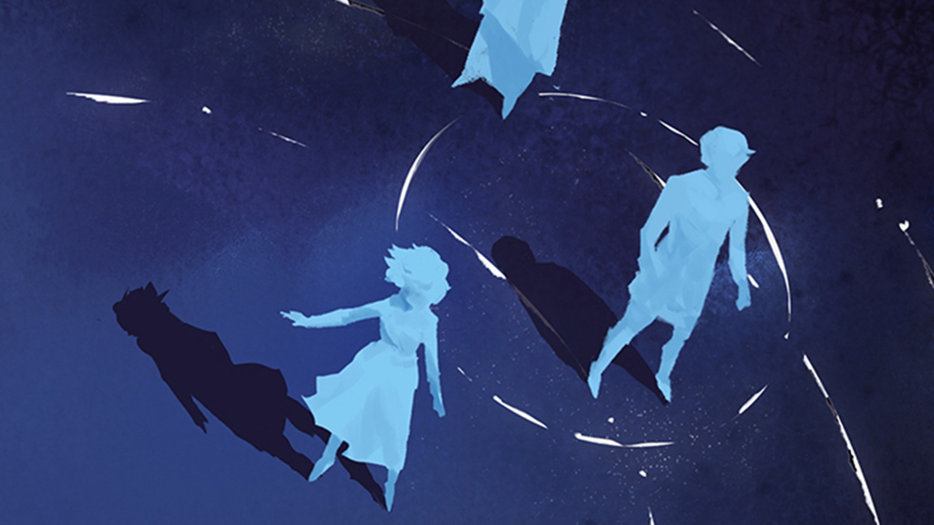 An illustration of blue figures traveling in connecting white circles on a dark blue floor.