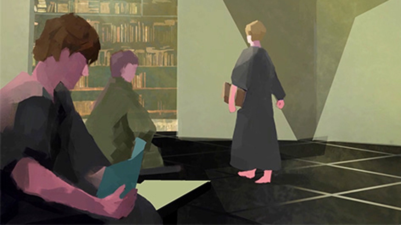 An illustration of people wearing robes working and reading in a bright library, with shelves of books stacked high.
