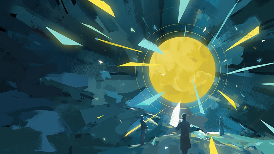 An illustration of a bright yellow sun radiating yellow, orange, and aqua rays against a darker blue background.