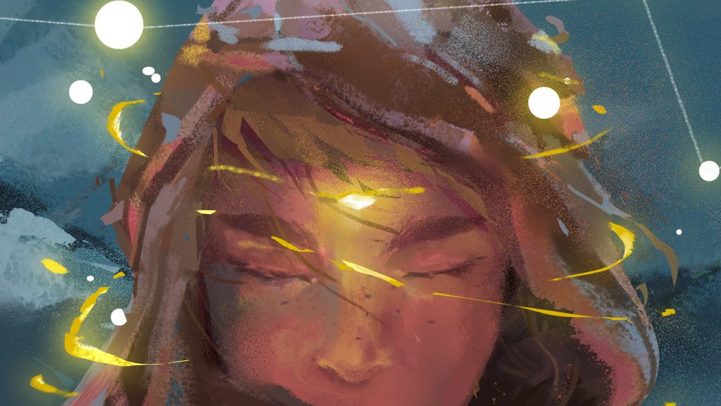 An illustration of a close-up view of a person's face. They have flowing blonde hair, closed eyes, and there are orbs of light swirling around their head against a dark blue background.