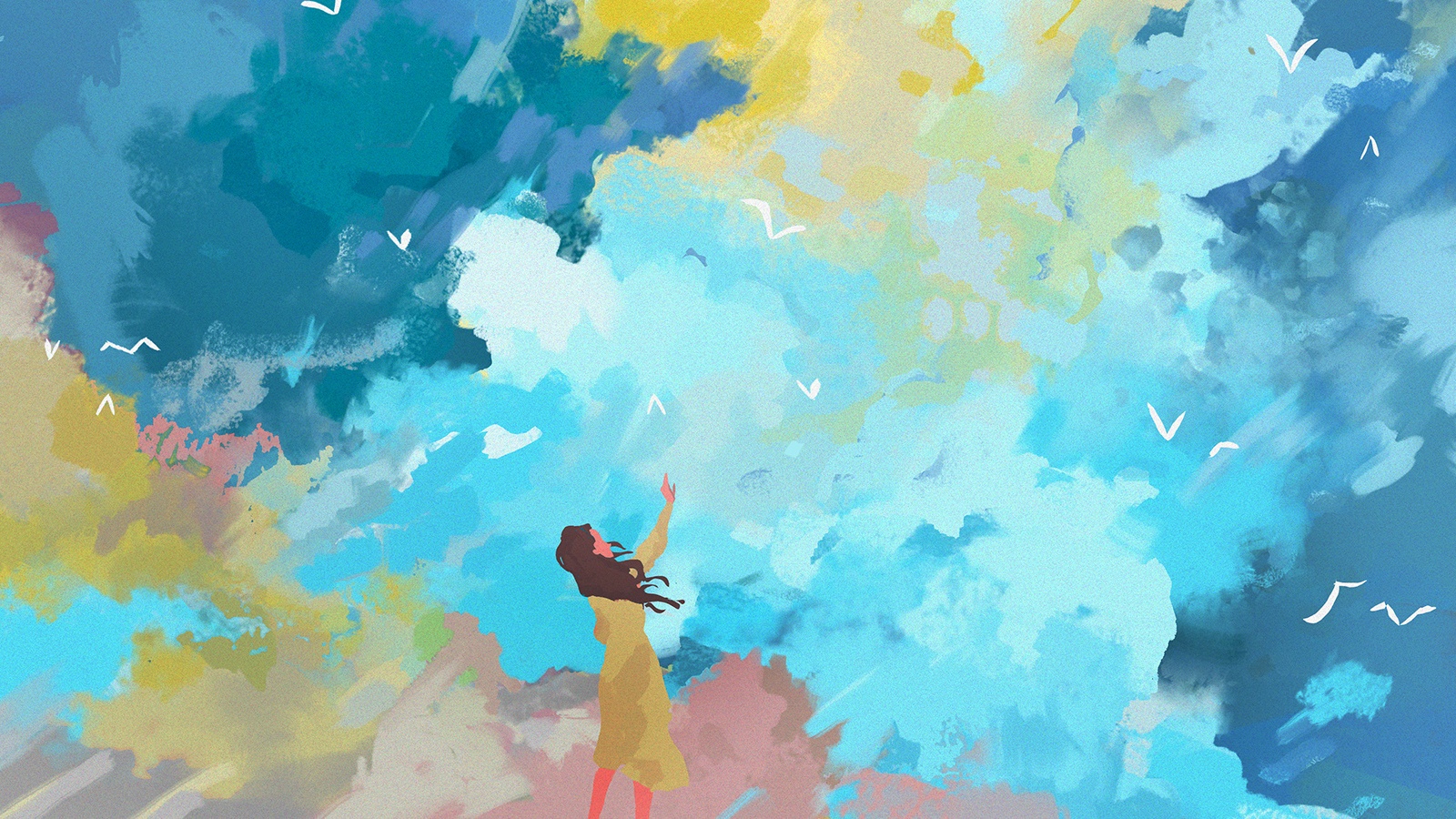 explore_angels - Swedenborg Foundation An illustration of a person with long brown hair and a green dress reaching up toward an abstract sky in dark blue, bright blue, green, and pink. The sky is dotted with bright white birds flying.