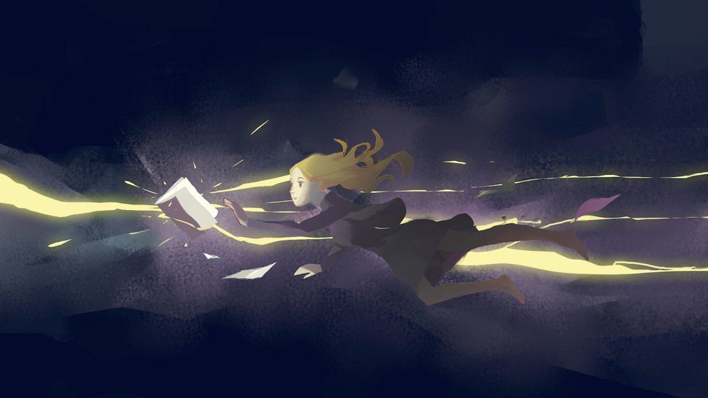 An illustration of a person with long blonde hair and a black dress floating through the air and reaching for a glowing open book.