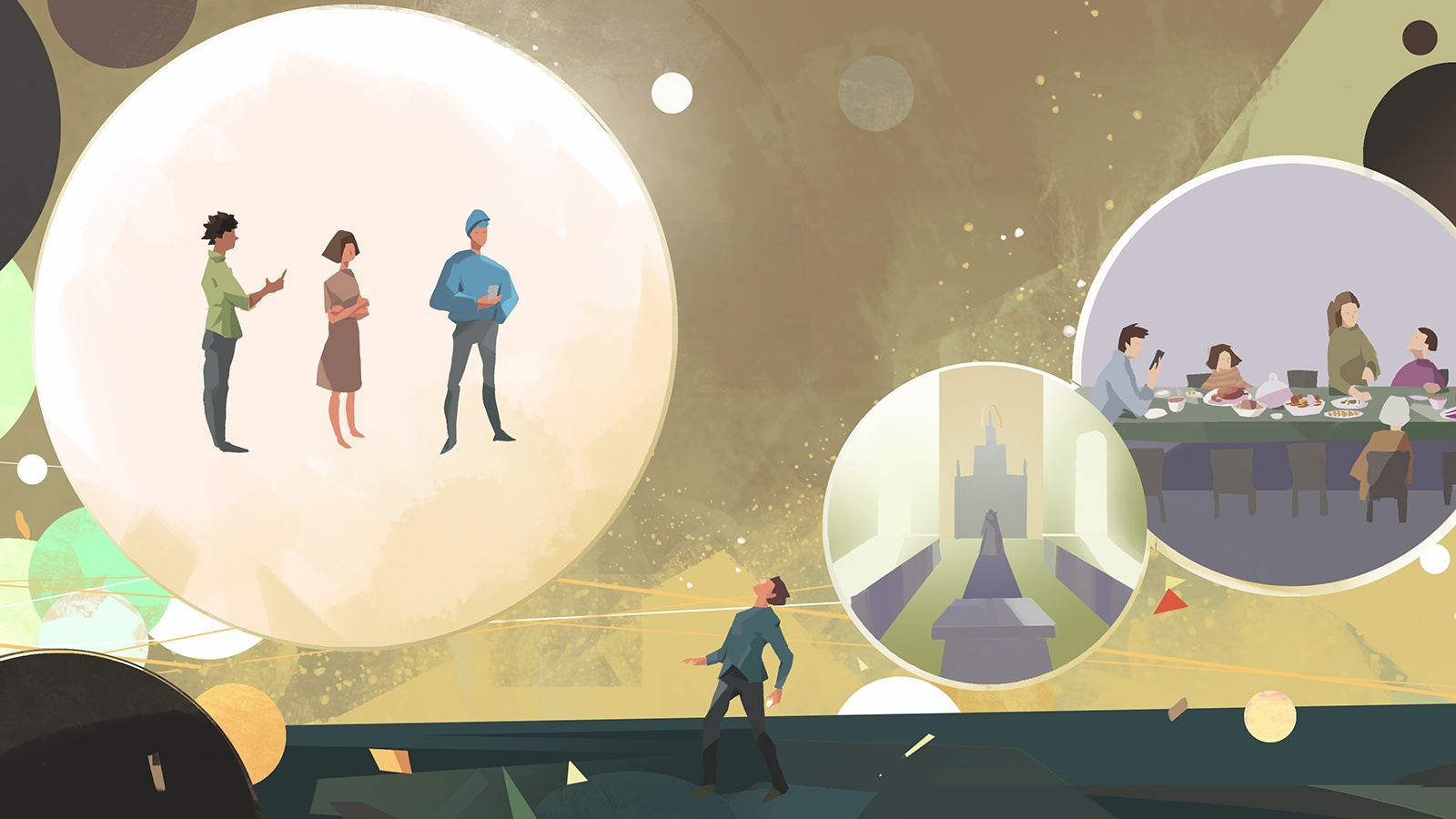 explore_correspondences - Swedenborg Foundation An illustration of a person standing in the middle of a vast space, looking upward toward three bubbles which contain scenes of people interacting.