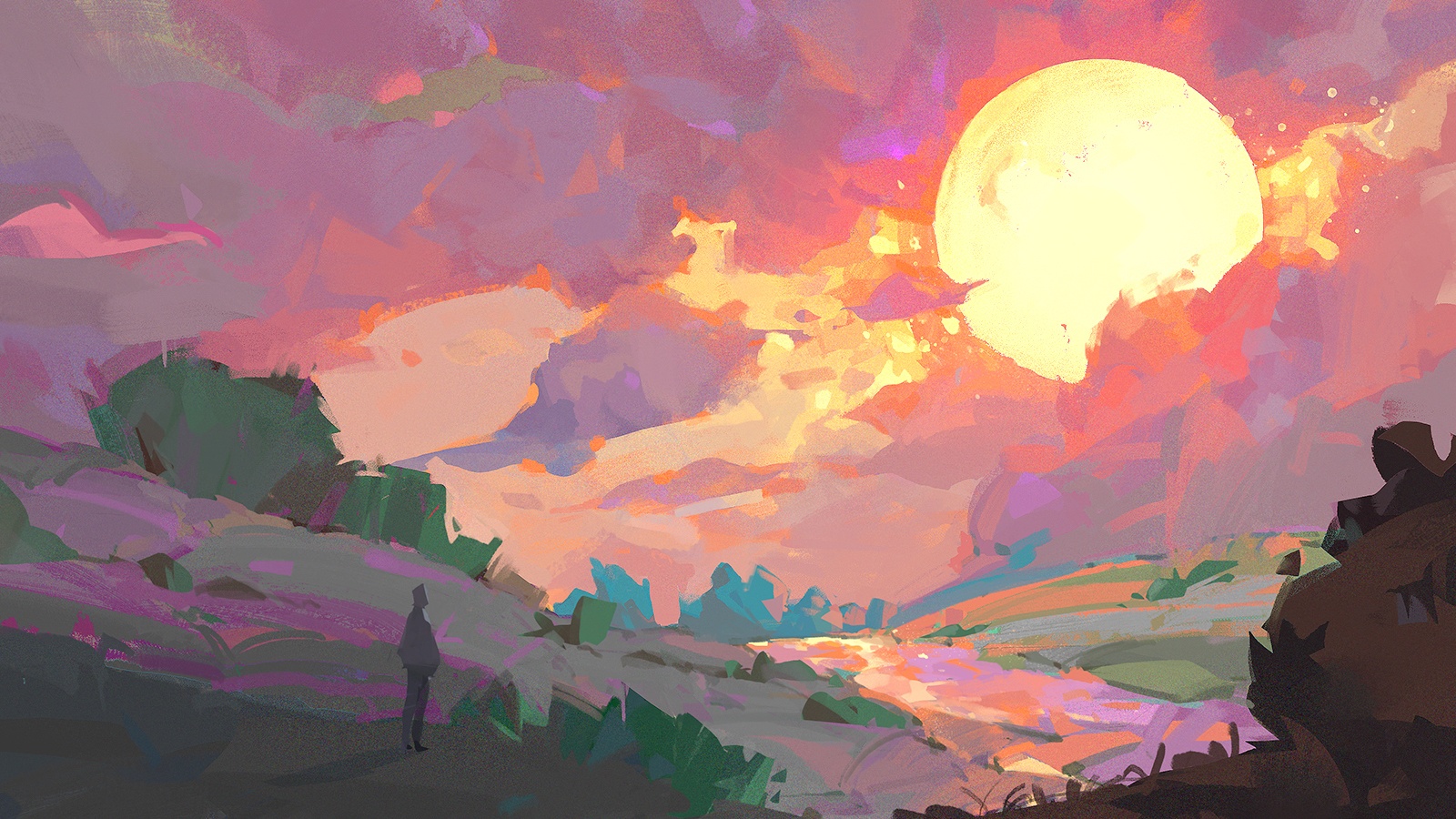 An illustration of a person standing on the side of a hill, looking over a valley with a river. The sun is bright and luminous in the upper-right corner, through the pink and orange clouds.