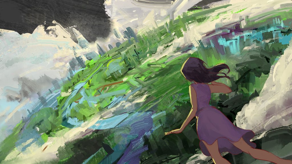 An illustration of a person in a purple dress looking out over a green and blue natural landscape that turns into the outline of a city in the far distance.