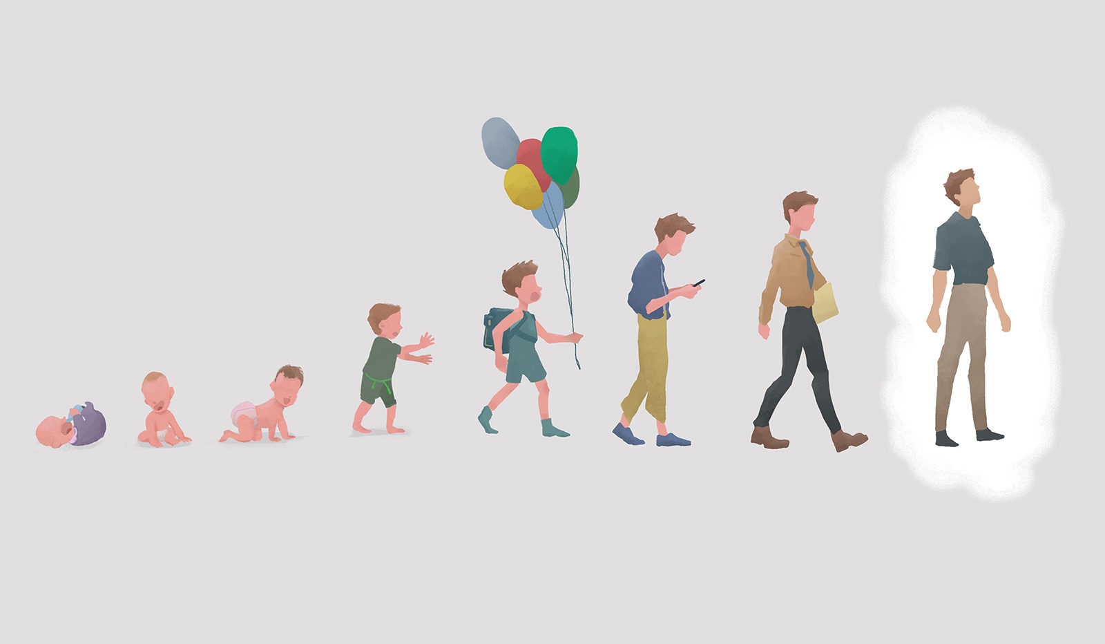 An illustration of a person growing up: starting as a small infant, crawling infant, walking toddler, child, teen, young adult, adult.