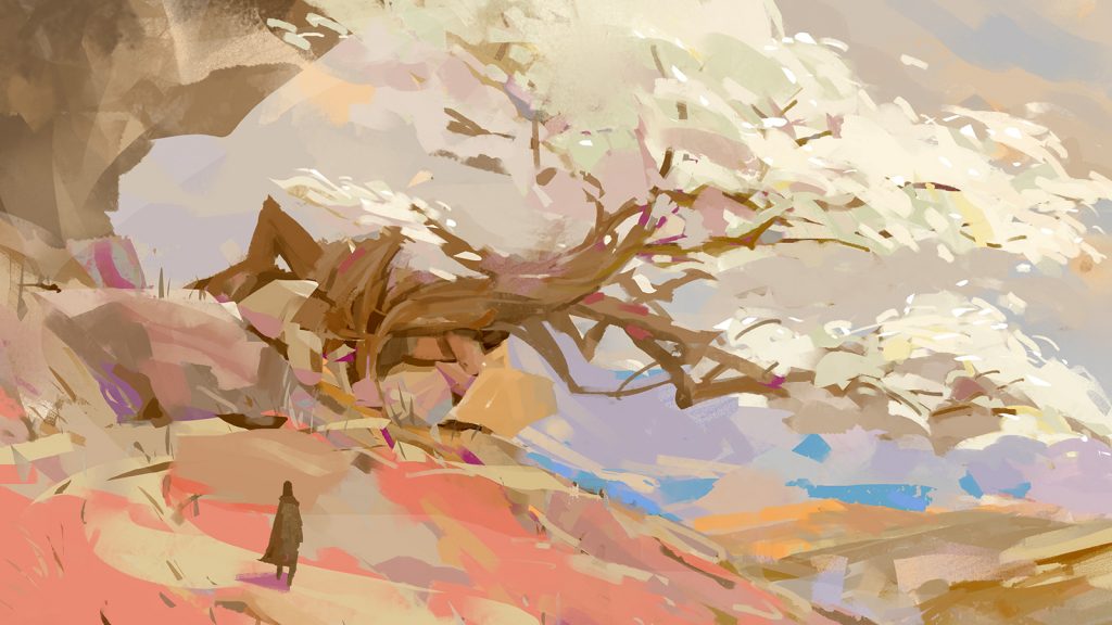 An illustration of a person standing in a sweeping landscape. The ground is shades of brown and pink, and a large gnarled tree with white leaves takes up most of the frame.