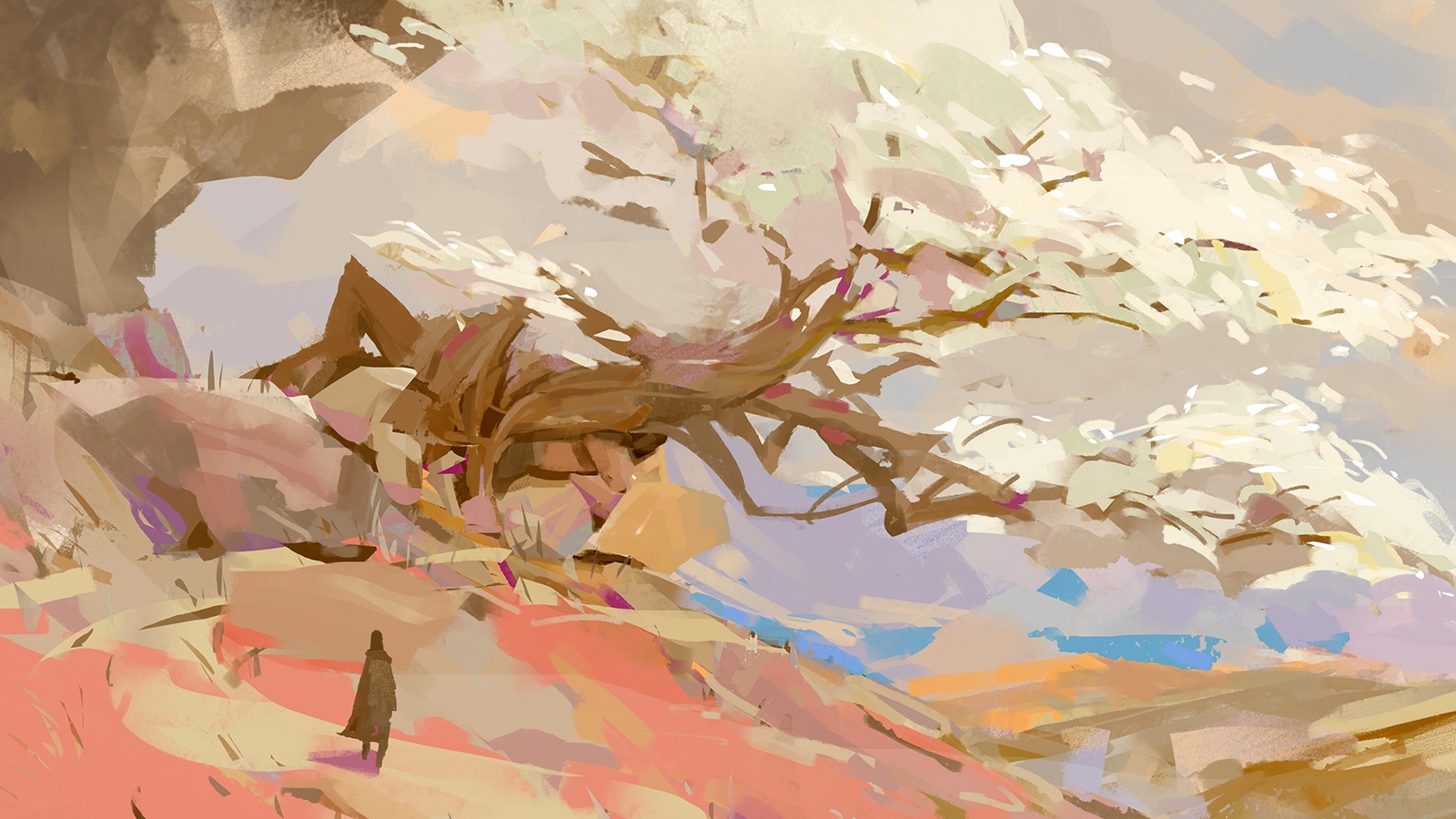 explore_rulinglove - Swedenborg Foundation An illustration of a person standing in a sweeping landscape. The ground is shades of brown and pink, and a large gnarled tree with white leaves takes up most of the frame.