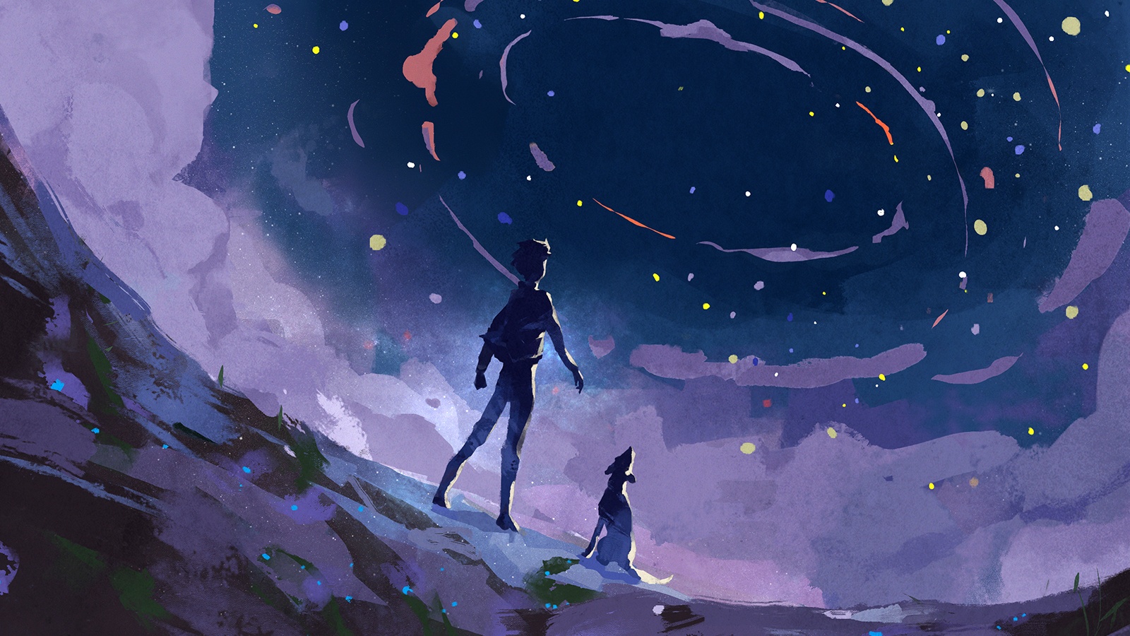 explore_otherplanets - Swedenborg Foundation An illustration of a person and a dog, looking toward a night sky swirling with rings of red, purple yellow and blue.