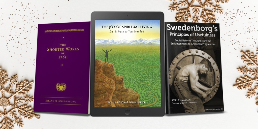 HBS-no-txt_twitter - Swedenborg Foundation Three books on a white background with gold snowflakes. The Shorter Works of 1763, The Joy of Spiritual Living, Swedenborg's Principles of Usefulness.